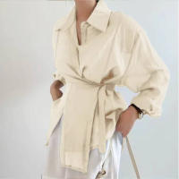 Camisa Casual Para Mujer Suelta Con Cinturón Y Cuello En V Vintage De Manga Larga Transpirable Para Oficina Y Uso Diario - details 18