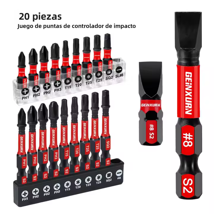 Set De Puntas De Destornillador Geinxurn Impacto 1 Pulgada/2 Pulgadas S2 Acero De Aleación Magnético Con Base Y Portabits - 1