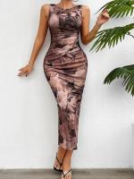 Vestido Slimming Sin Mangas Estampado De Moda Para Mujer Primavera Verano 2024 Cuello Redondo Con Rotura A-Line De Pierna Larga Estilo Playa - details 7