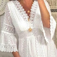 Vestido Blanco De Cintura Alta Para Mujer Primavera Verano Elegante Con Manga Flare Vestido Casual Con Vuelta Y Lace Longitud Mini - details 2