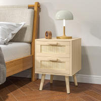 HOMCOM Mesita de Noche de Diseño Boho Mesilla de Noche con 2 Cajones y Patas de Madera para Salón Dormitorio 40x40x56 cm Natural - details 1