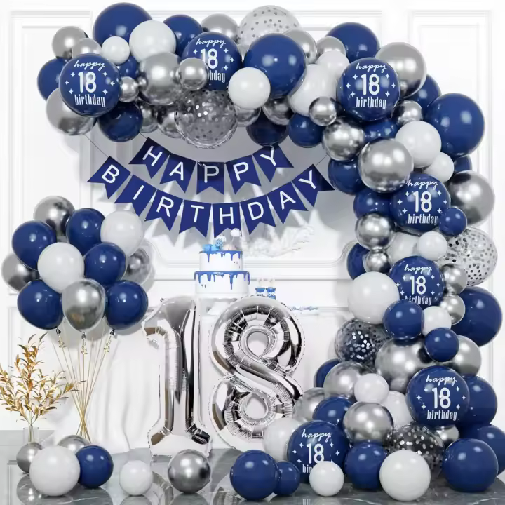 18 Ans Decoration Anniversaire de Fête, Arche Ballon Anniversaire Kit Bleu Argent, Bannière Joyeux Anniversaire, Ballon en Feuille 18, Decoration Anniversaire 18 Ans pour Adult Hommes Femmes - 1