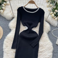 Vestido De Punto Para Mujer REALEFT Otoño Invierno Con Abertura Lateral Y Cuello Redondo Manga Larga Solido Vestido Recto De Oficina - details 7