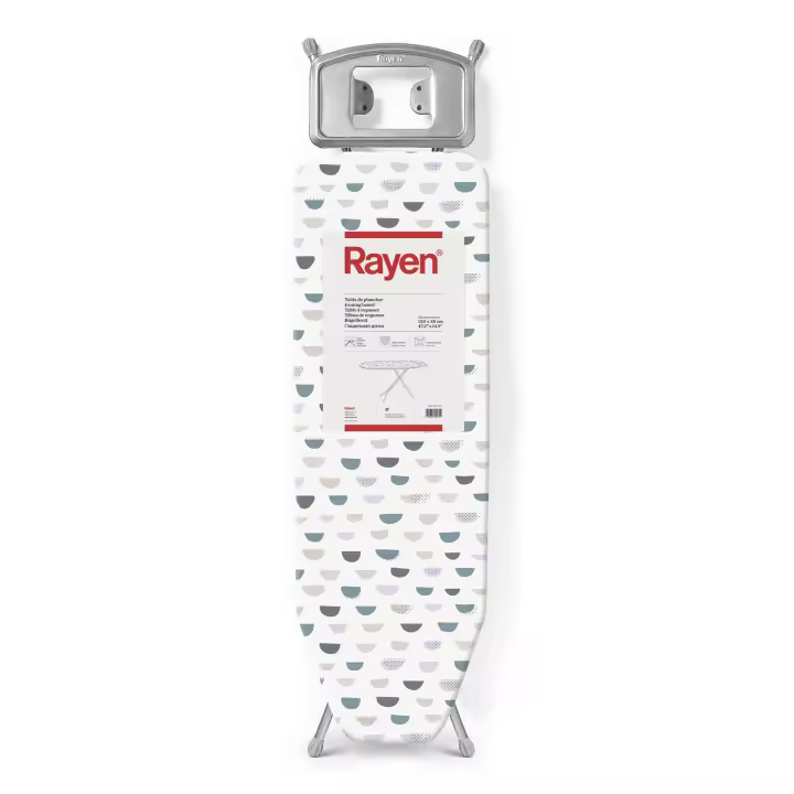 Rayen | Tabla de Planchar - Gama Basic | Altura Regulable | Malla Metálica | Reposa-Planchas | Estructura Gris y Funda Estampado Blanco | Medidas: 120 x 38 cm - 1