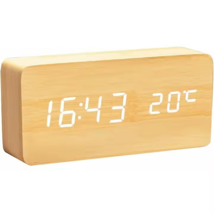 Reloj digital multiprofesional de Madera con Alarma LED y Control de Voz, ideal para el hogar, Luz Blanca, Madera de Bambú. - 1