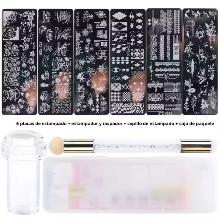 Set De 9 Piezas Para Arte De Uñas Con Placas De Estampado Silicona Estampador Escaper Pincel De Impresión Y Herramientas Para Manicura DIY - 1
