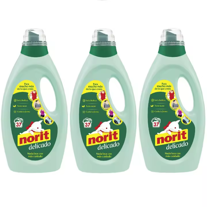 Norit Delicado Verde 1.125ml 37 Lavados (Pack 3 uds) - Detergente Líquido para lavado a Máquina, Cuida las Prendas Delicadas, Previene las Bolitas, Evita la Deformación y Mantiene su Elasticidad, Deja las Fibras Suaves, Esponjosas y Perfumadas - 1