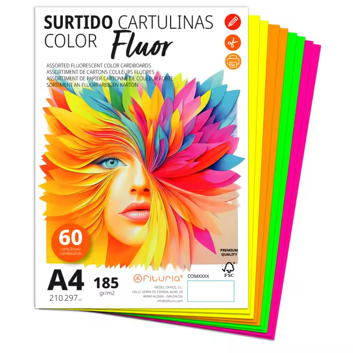 Cartulina A4, Cartulinas de Colores, Cartulinas 185g/m2 para Manualidades, Educación, Hogar, Arte o Empresas, Cartulina de Colores A4 Surtidos - Ofituria (50 Cartulinas, Surtido Fluor) - 1