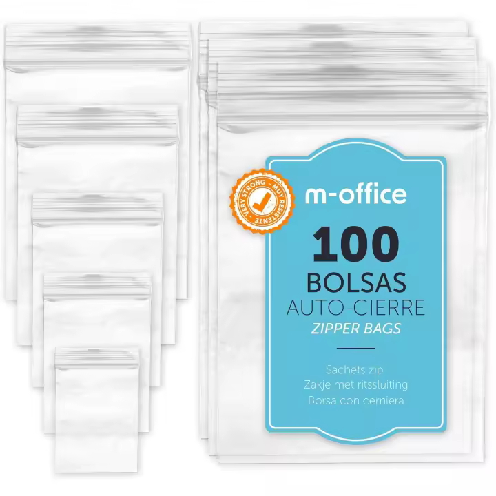Bolsas con Cierre Hermético, Bolsas Zip de Plástico Transparentes Ideales para Congelar Alimentos, Guarda Documentos, Bolsas Reutilizables y de Conservación · m-office (40x60mm, 100unds) - 1
