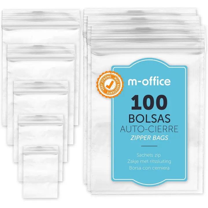 Bolsas con Cierre Hermético, Bolsas Zip de Plástico Transparentes Ideales para Congelar Alimentos, Guarda Documentos, Bolsas Reutilizables y de Conservación · m-office (40x60mm, 100unds) - 1