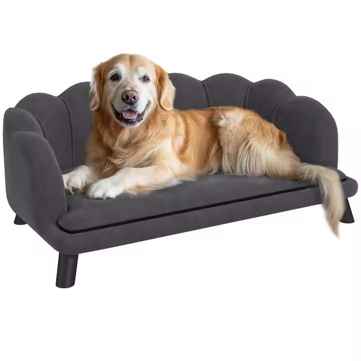 PawHut Sofá para Perros Medianos Sofá Cama para Mascotas Gatos Tapizado en Terciopelo con Patas de Madera Carga 25 kg 98,5x60,5x35,5 cm Gris Oscuro - 1