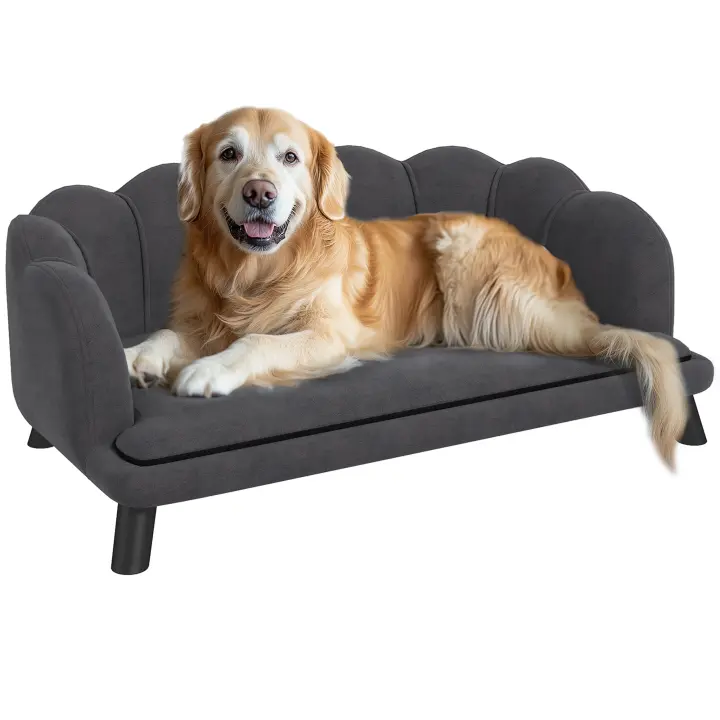 PawHut Sofá para Perros Medianos Sofá Cama para Mascotas Gatos Tapizado en Terciopelo con Patas de Madera Carga 25 kg 98,5x60,5x35,5 cm Gris Oscuro - 1