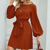 Vestido De Mujer Talla Grande De Chiffon Color Sólido Moda 2021 Manga Farol Suéter Cinturón A-Línea Cuello Redondo Largo Hasta La Rodilla - details 13