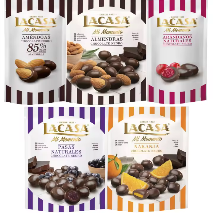Lacasa Mi Momento pack de 5:Arándano choco Negro 60G,Almendra 85% 65G,Pasas choco Negro 150G,Almendra choco Negro 125G,Naranja choco Negro 125G - 1