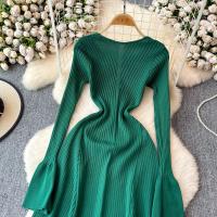 Vestido Largo Elegante Para Mujer Con Mangas Flared Y Volantes Cuello V Solido Bodycon Para Fiesta Y Oficina Polyester Mid-Calf - details 13
