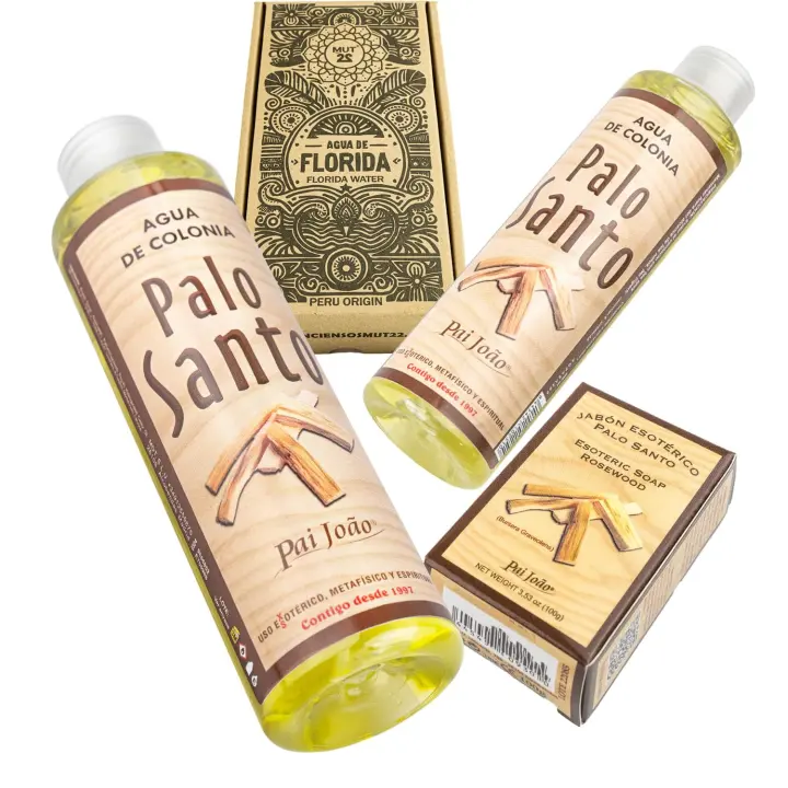 MUT22 2 Colonia de Palo Santo + Jabón de Palo Santo de Perú 100% Original - Botellas de 200 ml para Limpieza y Protección Espiritual - Marca Recomendada - Ambientadores de Hogar - 1