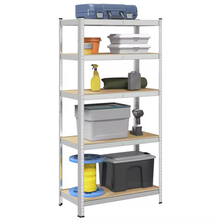 vidaXL Estantería resistente 5 niveles madera de ingeniería y acero en color Plateado/Antracita | almacenamiento funcional diseño moderno para baño dormitorio sala - 1