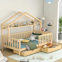 Cama Infantil color Madera, Cama Infantil Cama de Casa Con Cajones, Madera Maciza Con somier de lámparas, Cama de Casa de Pino, habitación Infantil y Juvenil, 90x200, color natural - details 1