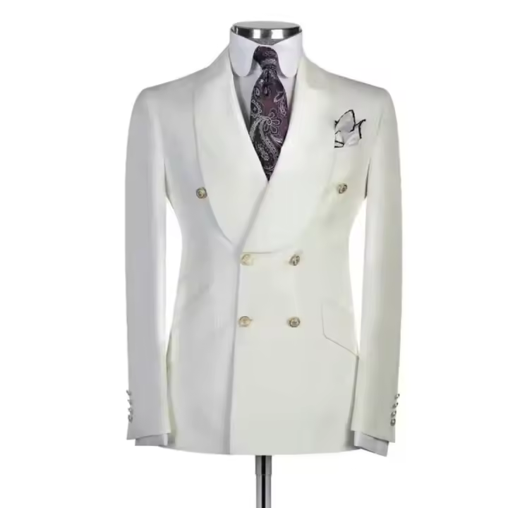 Chaqueta De Smoking Blanco Para Hombre Cierre Doble Con Borla Ajustada Para Fiesta De Promoción Boda Negocios Traje - 1