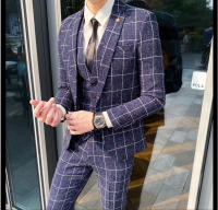 Traje De 3 Piezas Estampado De Rayas Y Cuadros De Alta Calidad - Traje Elegante Para Bodas Y Negocios Estilo Británico Con Chaleco Y Pantalones - details 13