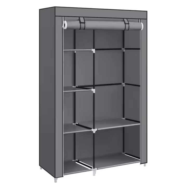 SONGMICS Armario de Tela, Armario de Ropa, con 1 Barra Colgante, 6 Estantes, Tela no Tejida, Marco de Metal, 45 x 105 x 168 cm, para Dormitorio, Pasillo, Negro/Gris/Gris con Diseño de Espiga - 1