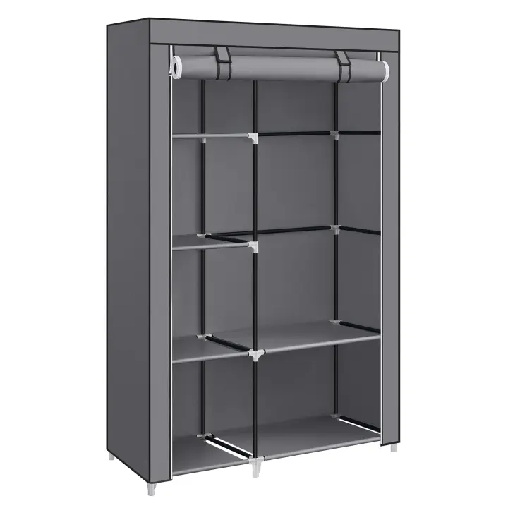 SONGMICS Armario de Tela, Armario de Ropa, con 1 Barra Colgante, 6 Estantes, Tela no Tejida, Marco de Metal, 45 x 105 x 168 cm, para Dormitorio, Pasillo, Negro/Gris/Gris con Diseño de Espiga - 1
