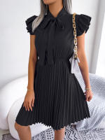 Vestido Elegante De Mujer Con Cintura Alta Y Volantes Para Primavera Y Verano Estilo Casual Collar Con Lazo Cuello Alto Y Mangas Batwing - details 28
