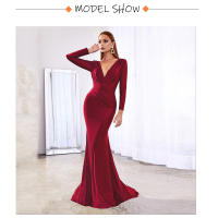 Vestido De Noche Elegante Romagic Con Cuello En V Y Aros En Satén De Manga Larga Estilo Sirena Rosa Para Bodas Y Bailes De Premio Largo Y Lujo - details 1