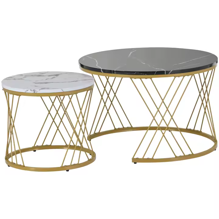 Moderno conjunto de Mesa de Centro, Mesa de Centro conjunto de Mármol de Chapa de sofá Mesa Auxiliar Mesa Redonda, 2 piezas, Marco de Oro, Blanco y Negro de Mesa, muebles de Salón Pequeño, mesa de Centro Redonda con bandeja de - 1