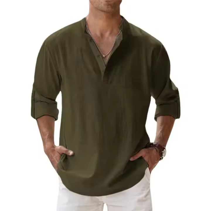 Camisa Hawaiana De Algodón Y Lino Para Hombres Estilo Streetwear Ligera Con Cuello Y Manga Larga Transpirable Para Playa Y Uso Diario - 1