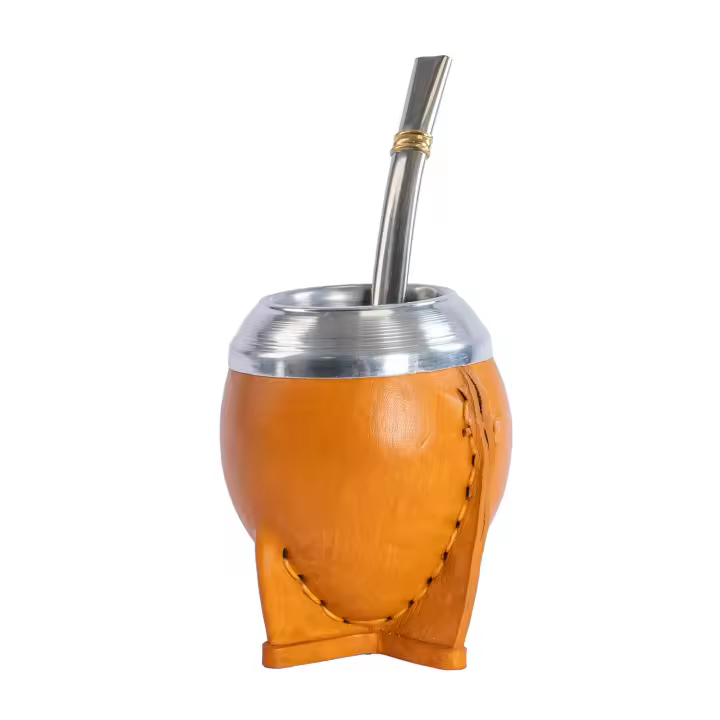 Set Mate mas Bombilla Pajita Torpedo Artesanal Argentino Calabaza Forrado Cuero Piel Yerba - 1