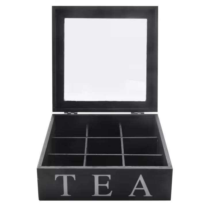 Caja de té de madera de 9 rejillas, contenedor de bolsas de té, caja de regalo cuadrada, tapa superior transparente, caja de almacenamiento de joyas-Negro - 1
