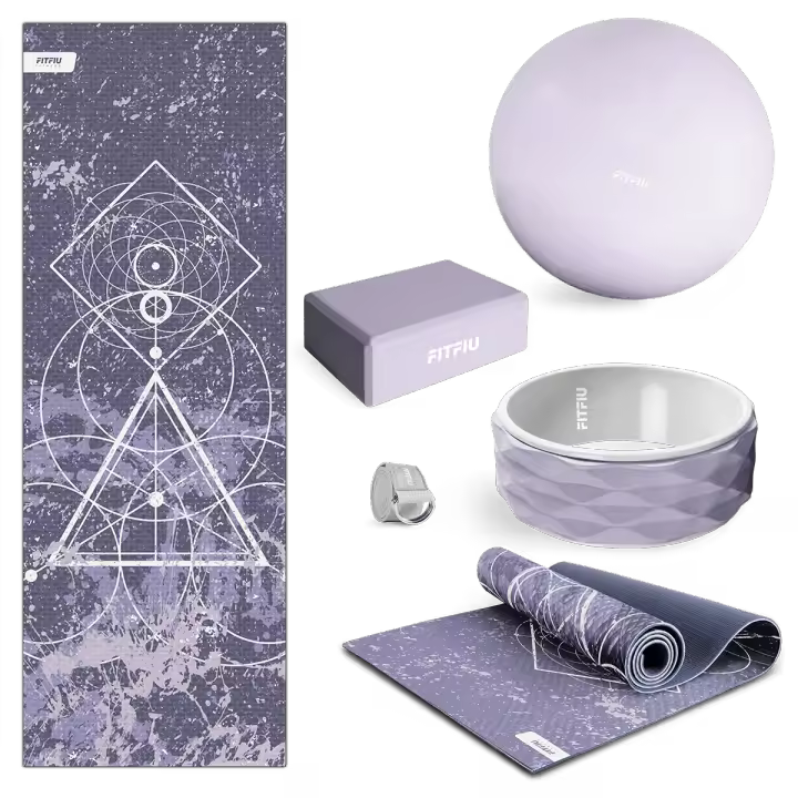FITFIU Fitness KITWELL-500 - Pack de 5 Accesorios Yoga Pilates Color Lila Que Incluye Esterilla, Bloque, Rueda, Correa y Pelota - 1