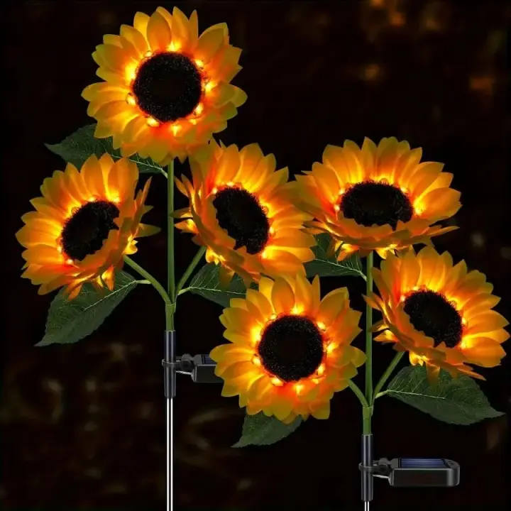 1pc Luz De Girasol Solar Con 3 Cabezas Palillo De Jardín Decorativo Impermeable LED Para Patio Jardín Yard - 1