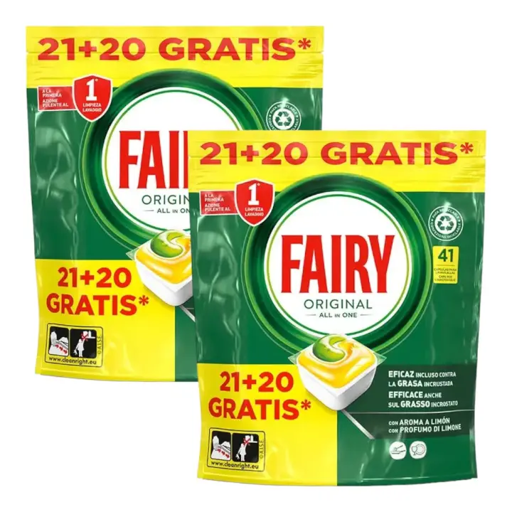 Fairy Original Todo En Uno - Pack de 2 Bolsas de 41 Cápsulas para Lavavajillas (82 Cápsulas) - Elimina Grasa y Resequedad, Detergente con Aroma Limpio y Fresco - 1