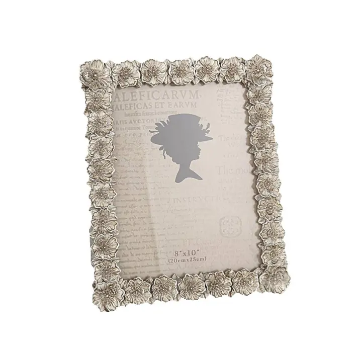 Portafoto decoración resina plateado flores 20 x 25 formato vertical y horizontal con caballete trasero y colgador - elegante diseño hace que sea perfecto para colocar en el salón, recibidor o dormitorio, ideal para regalo - 1