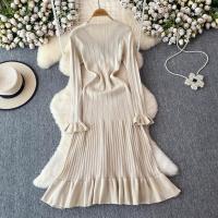 YuooMuoo Vestido Maxi Tejido Otoño Invierno Mujer Elegante V-cuello Botones Cintura Delgada Volantes Suéter Vestido Fiesta - details 3