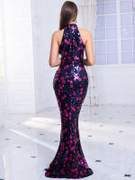 Vestido Largo De Noche Con Floral Y Lentejuelas Cuello Alto Sin Mangas Elegante Ajustado Para Fiesta Boda Maxi Gown - details 4