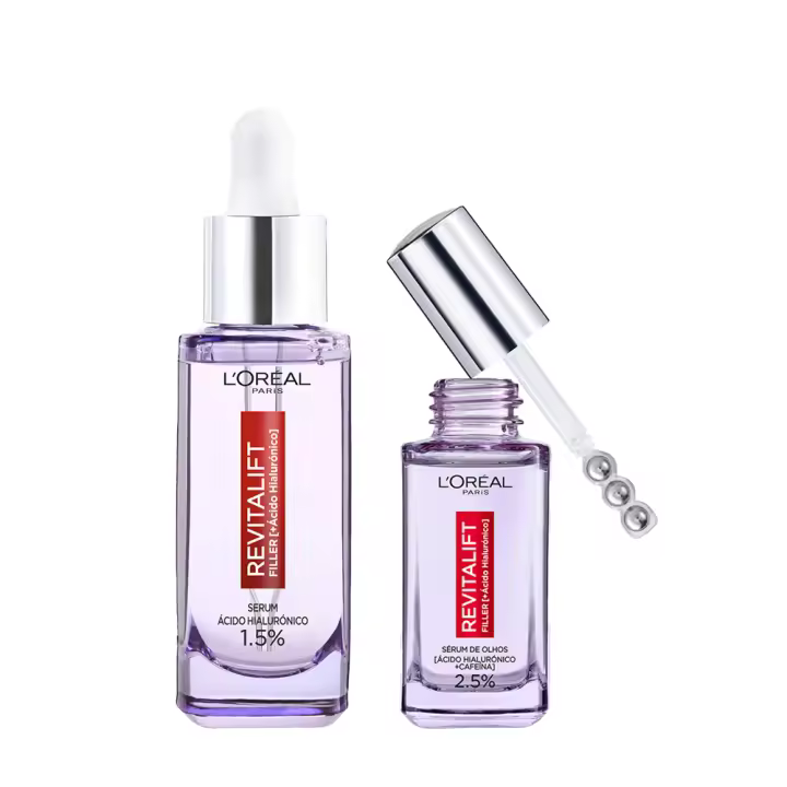 L'Oréal Paris | Serum Ojos Revitalift Filler 2,5 Ácido Hialurónico + Cafeína. Rellena patas de gallo y corrige ojeras. Aplicador triple roll-on efecto frío. Aprobado por dermatólogos. 20ml + Serum Anti-arrugas con Ácido Hialurónico 30 ml - 1