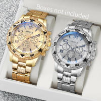 Reloj De Negocios Para Hombre 2pcs/set Moda Dial Arábigo Banda De Acero Reloj De Cuarzo Sin Caja Material De Correa De Aleación Resistente Al Agua - details 2