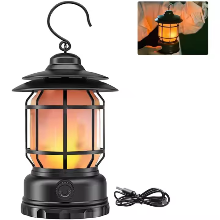 El interior de camping recargable, Lámpara decorativa de Mesa con forma de llama, Luz LED de 2 Modos with Gancho, Estilo Vintage regulable, portátil, impermeable, para uso en interiores. - 1