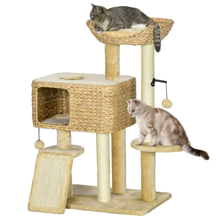 PawHut Rascador para gatos de 98 cm, árbol para gatos con 2 superficies de descanso, árbol trepador, pelota de juego, rascador, mueble para gatos con cueva para gatos de hasta 6 kg, jacinto de agua, sisal, beige - 1