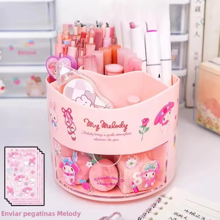 Organizador De Escritorio Kawaii Sanrio Con Porta Bolígrafos Giratorio Y Caja De Almacenamiento Estilo Anime Hello Kitty Kuromi Cinnamoroll My Melody Pochacco Pompom Purin Para Cosméticos Y Stationery - 1