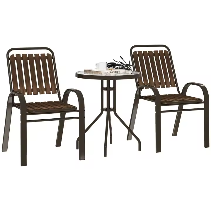 Outsunny Conjunto Jardín Exterior de 3 Piezas Juego de Muebles de Jardín con 2 Sillas Apilables Mesa con Encimera de Vidrio Templado y Estructura de Acero para Terraza Patio Balcón Marrón Oscuro - 1