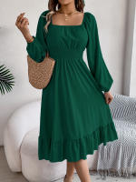 Vestido A-Line De Mujer Elegante Otoño Invierno Color Sólido Cuello Cuadrado Manga Larga Volantes Vestido Midi Casual Polyester Spandex - details 29