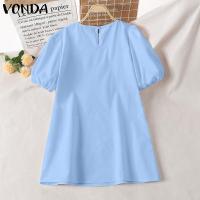 VONDA Vestido Mini De Verano Para Mujer Elegante Corto Con Mangas Flounce Estilo Casual Solido Cuello Redondo Vestido De Fiesta De Playa - details 9