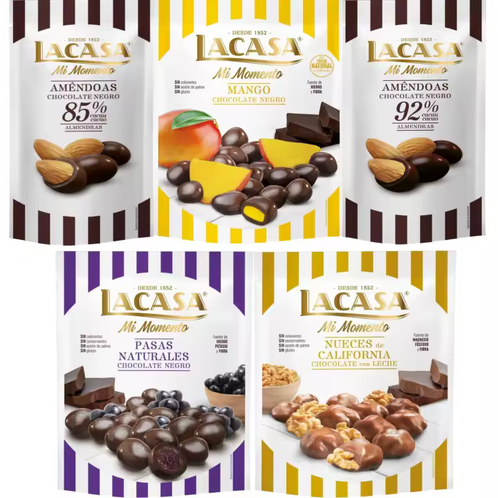 Lacasa Mi Momento pack de 5:Almendra 92% ,Almendra 85% ,Nueces Chocolate Leche,Pasas Chocolate Negro ,Mango Chocolate Negro - 1