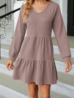 Vestido Largo Suelto Para Mujer Con Manga Larga Y Costuras En Color Sólido Moda Europea Y Americana Para Otoño E Invierno Cuello V Estilo Casual - details 11