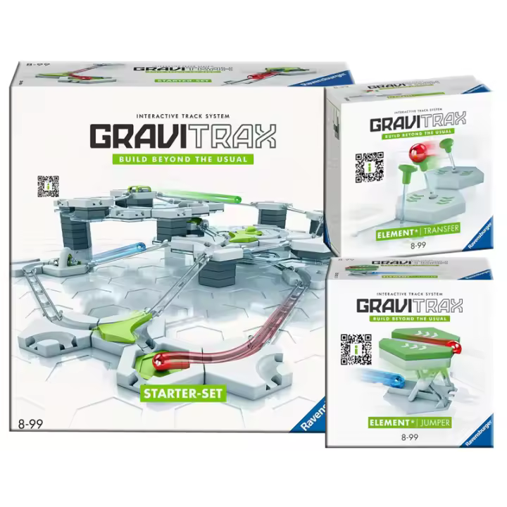 RAVENSBURGER PACK EXCLUSIVO GRAVITRAX: STARTER SET + AMPLIACIÓN SALTADOR + AMPLIACIÓN TRANSFER, 22410+22421+22422,  TIENDA CON LICENCIA OFICIAL - 1