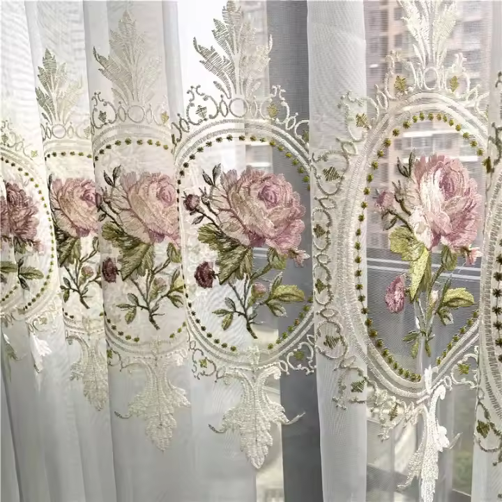 Cortina De Tules Bordada De Paeonia Estilo Americano Elegante Para Sala De Estar Translúcida Suave Para Dormitorio - 1